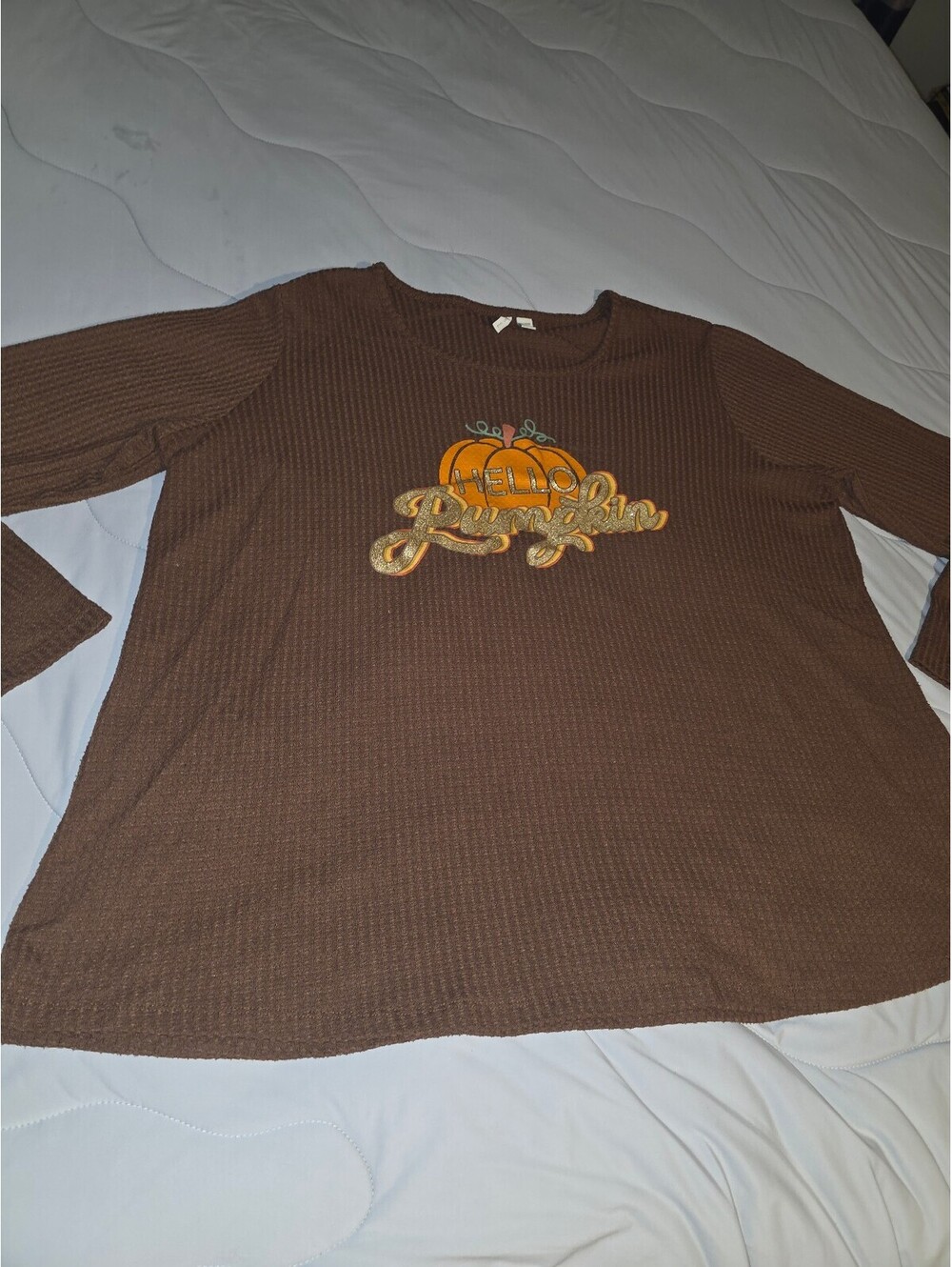 Cato Fashions Waffle Knit Hello Pumpkin Graphic Scoop Neck Top 18/20W Brown